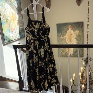 SHEIN Black Midi Dress with Gold Floral Pattern